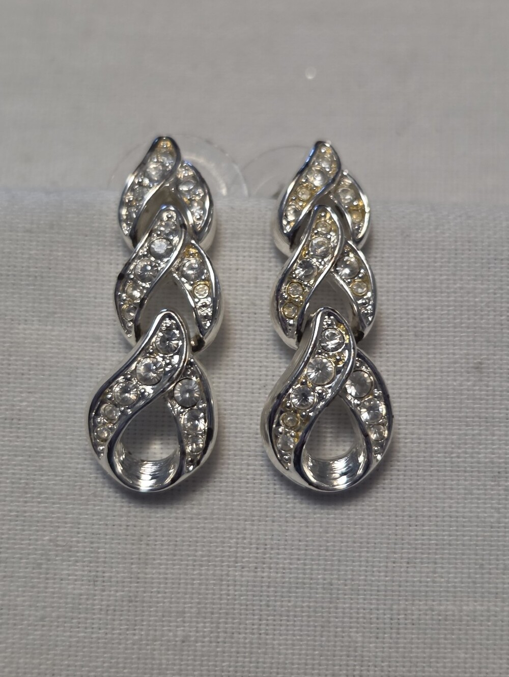 Vtg Napier Three Silver-Tone Rhinestone Teardrop Dangle Post Earrings